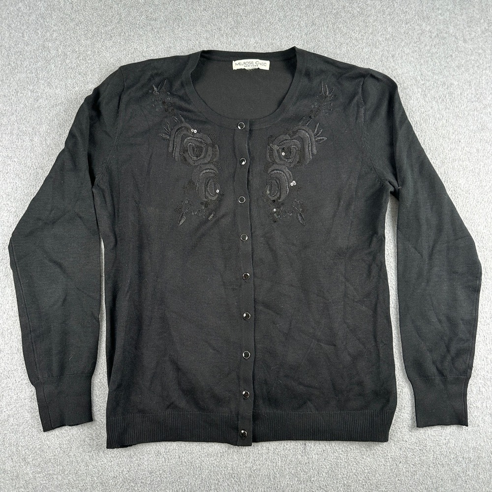 Melrose‎ Chic Cardigan Womens XL Black Floral Embroidered Sequin Button Front